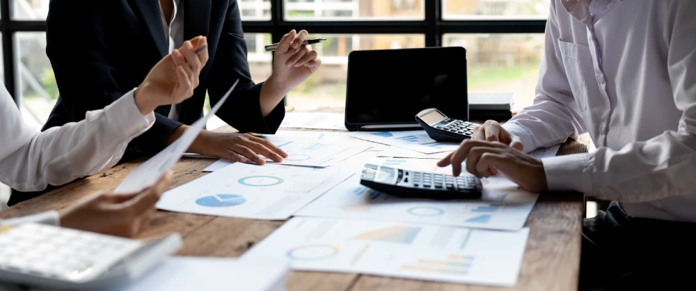 Economic business discussions business team analyze Economic business discussions business team analyze